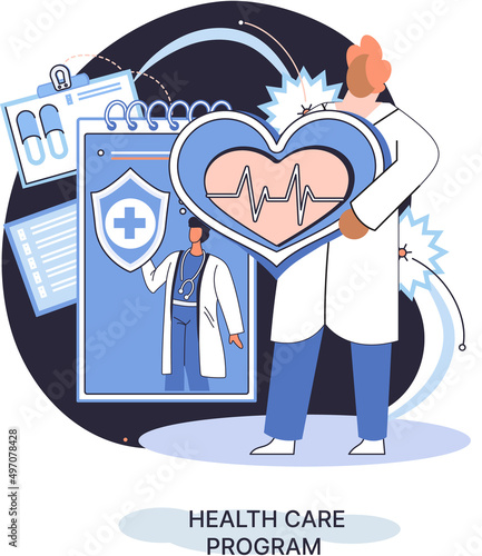 Health care program metaphor, online medical services, protection medicine. Medical insurance, hospital services, preventive check up, sick leave certificate treatment diagnosis patients, telemedicine