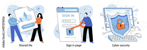 Shared document file, cyber security sign in page, Public folder access, editing online, safety user login abstract metaphor. Security in web safe use of software and personal data protection metaphor