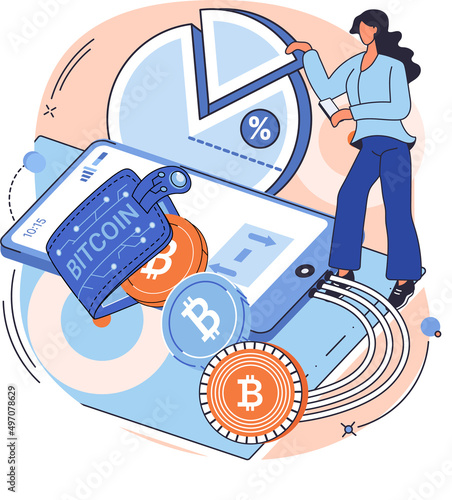Blockchain technology, bitcoin trading. Cyber banking space procedures. Ecurrency transactions. Digital currency, cryptocurrency market, hidden mining, Woman stands near electronic wallet in her phone