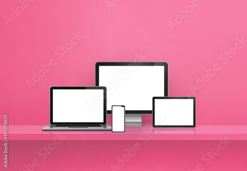 Computer, laptop, mobile phone and digital tablet pc. Pink shelf banner