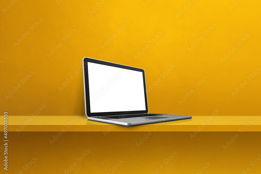 Laptop computer on yellow shelf background Laptop computer on yellow shelf background