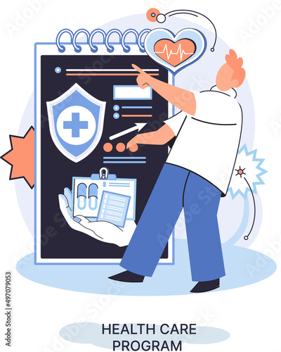 Health care program metaphor, online medical services, protection medicine. Medical insurance, hospital services, preventive check up, sick leave certificate treatment diagnosis patients, telemedicine