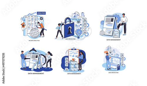 Big data analytics platform, data management and protection creative metaphor set abstract concept. Data center room disk infrastructure business information safety. Technology Internet and network