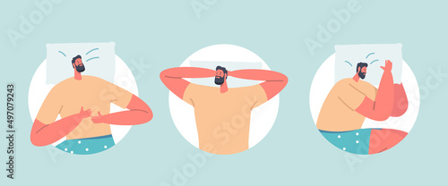 Men Sleep or Relaxing in Different Sleeping Pose Isolated Round Icons or Avatars. Male Character Lying in Bed Top View