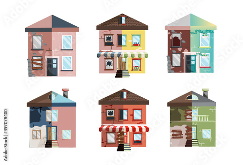 Home renovation, house before and after repair. New and old suburban cottage. Remodel construction. Old run-down house remodeled into cute traditional suburban cottage. Building maintenance service