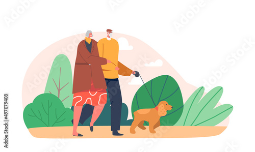 Smiling Elderly Couple Characters Walking With Dog at Park. Happy Mature Man and Woman Talking, Spending Time Together