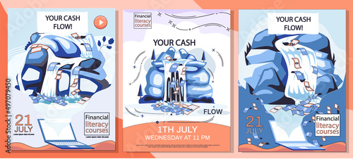 Cash flow, stable income website, advertising poster. Idea of income growth and development. Business investment, financial literacy courses and profit increase. Active and passive income concept