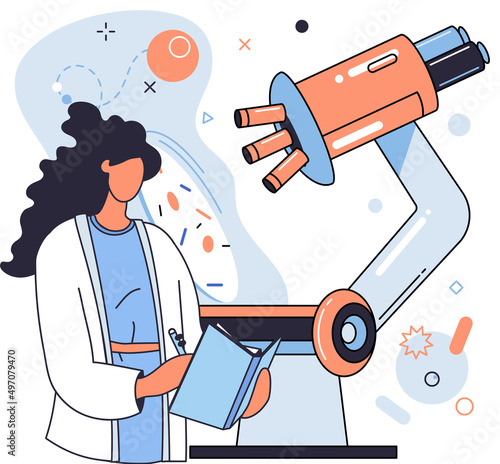 Medical research. Laboratory diagnostic services, Scientist works with equipment and microscope. Virologist in chemistry clinic laboratories, microbiology pharmaceutical research. Vaccine discovery