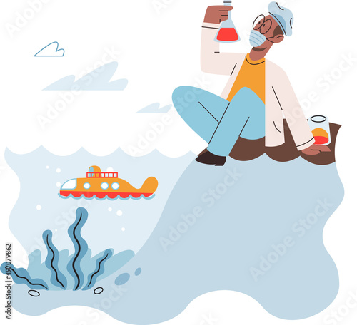 Laboratory assistant conducts experiments with water sourse, study impact on environment. Ecological researcher analyzing test data from pond or river. Scientist holding test tube, sitting on shore