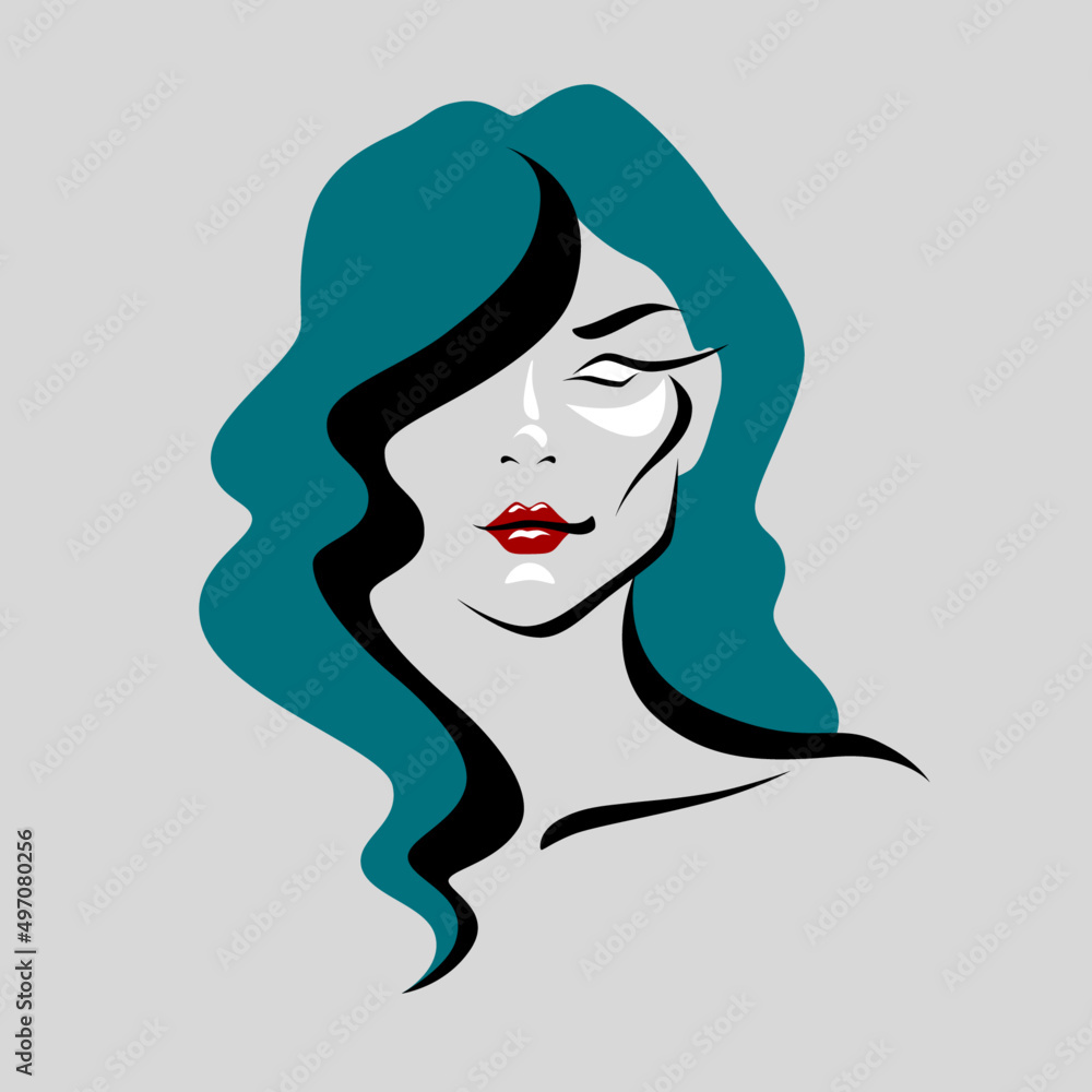 Minimalistic picture with blue-haired woman on the gray background. Minimalistic picture with blue-haired woman on the gray background.