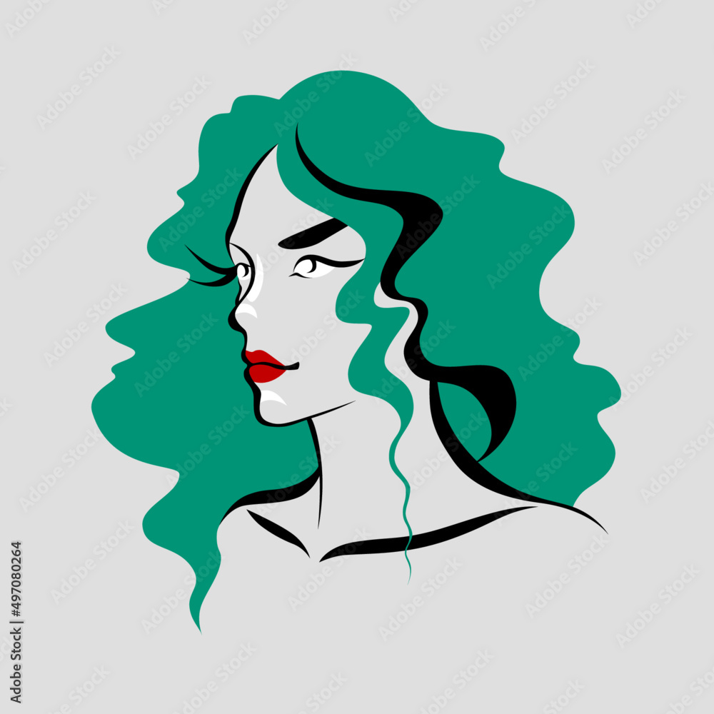 Colorful portrait of a nice girl with green long wavy hair.