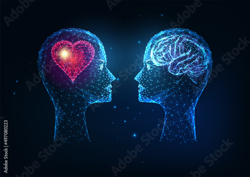 Futuristic emotional and intellectual intelligence concept with human heads with heart and brain