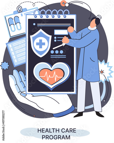 Health care program metaphor, online medical services, protection medicine. Medical insurance, hospital services, preventive check up, sick leave certificate treatment diagnosis patients, telemedicine