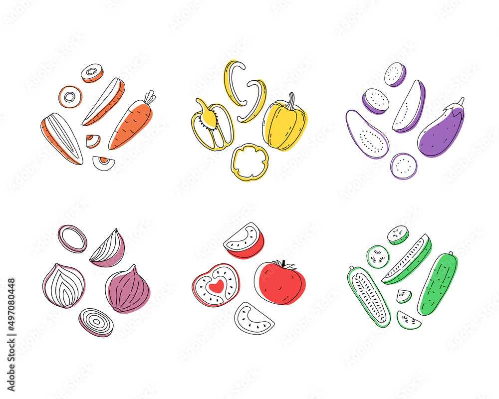 Set cut doodle vegetables. Outline vector illustration Set cut doodle vegetables. Outline vector illustration