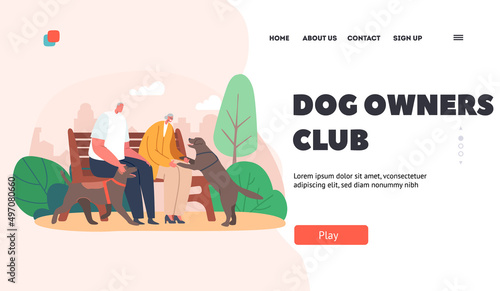 Dog Owners Club Landing Page Template. Grandmother and Grandfather Sitting on Bench in Park Spend Time and Walk with Pet