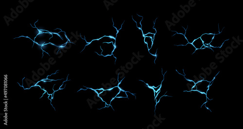 Ground cracks with blue light inside. Vector realistic set of lightnings, thunderbolt, cracks in the ground, frozen water, neon fissure, earthquake. Top view. Land destruction texture. Kintsugi style