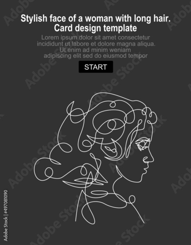 Stylish face of a woman with long hair. Card design template.Continuous line drawing of Portrait of a Beautiful Woman's face.