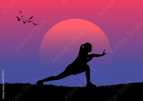 graphics image drawing tai chi with sunrise landscape view outdoor concept exercise for health benefits on the morning