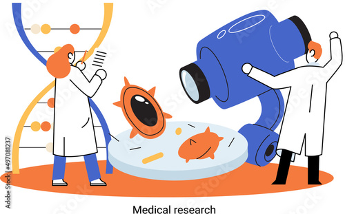 Medical research metaphor. Laboratory diagnostic services, Scientists work equipment and microscope. Virologists chemistry clinic laboratories, microbiology pharmaceutical research. Vaccine discovery