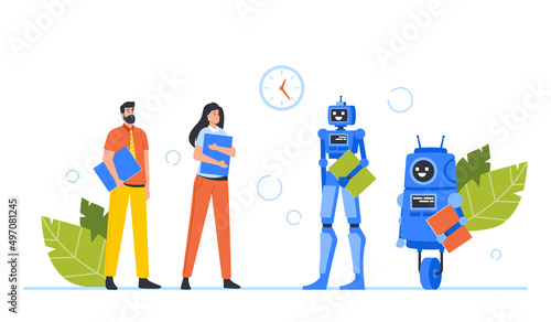 Robots and Human Waiting Hiring Interview in Office Hall. Robotization and Cyborg VS People Concept. Business Characters