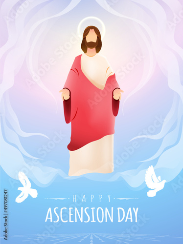 Happy Ascension Day Design with Jesus Christ in Heaven Vector Illustration.  Illustration of resurrection Jesus Christ. Sacrifice of Messiah for humanity redemption. 
