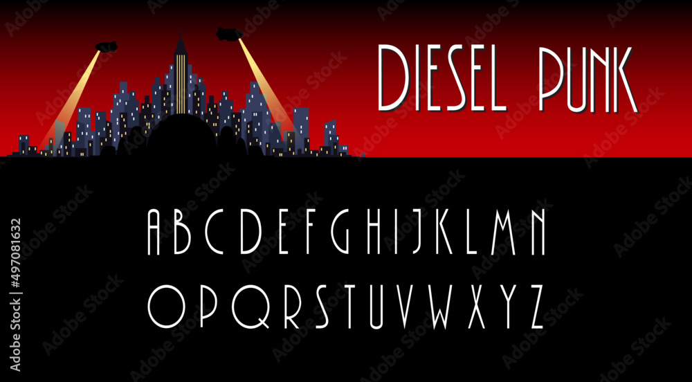 Diesel Punk Alphabet. ABC in vintage style from 20's, 30's, 40's and 50's. Typography for highlights in Art Deco style. Noir, detective, drama aesthetic.