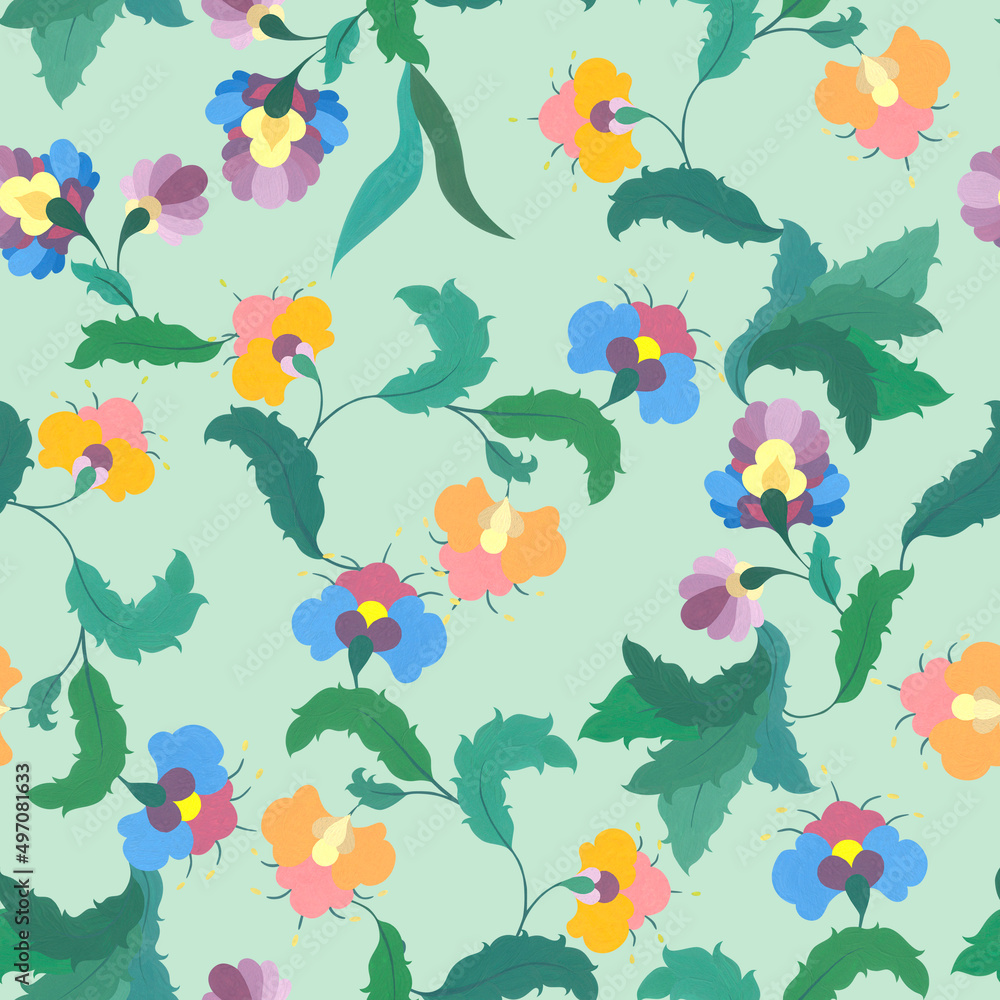 Ethnic motifs. Abstract flowers in folklore style. Watercolor bright plants. Seamless pattern on green background.