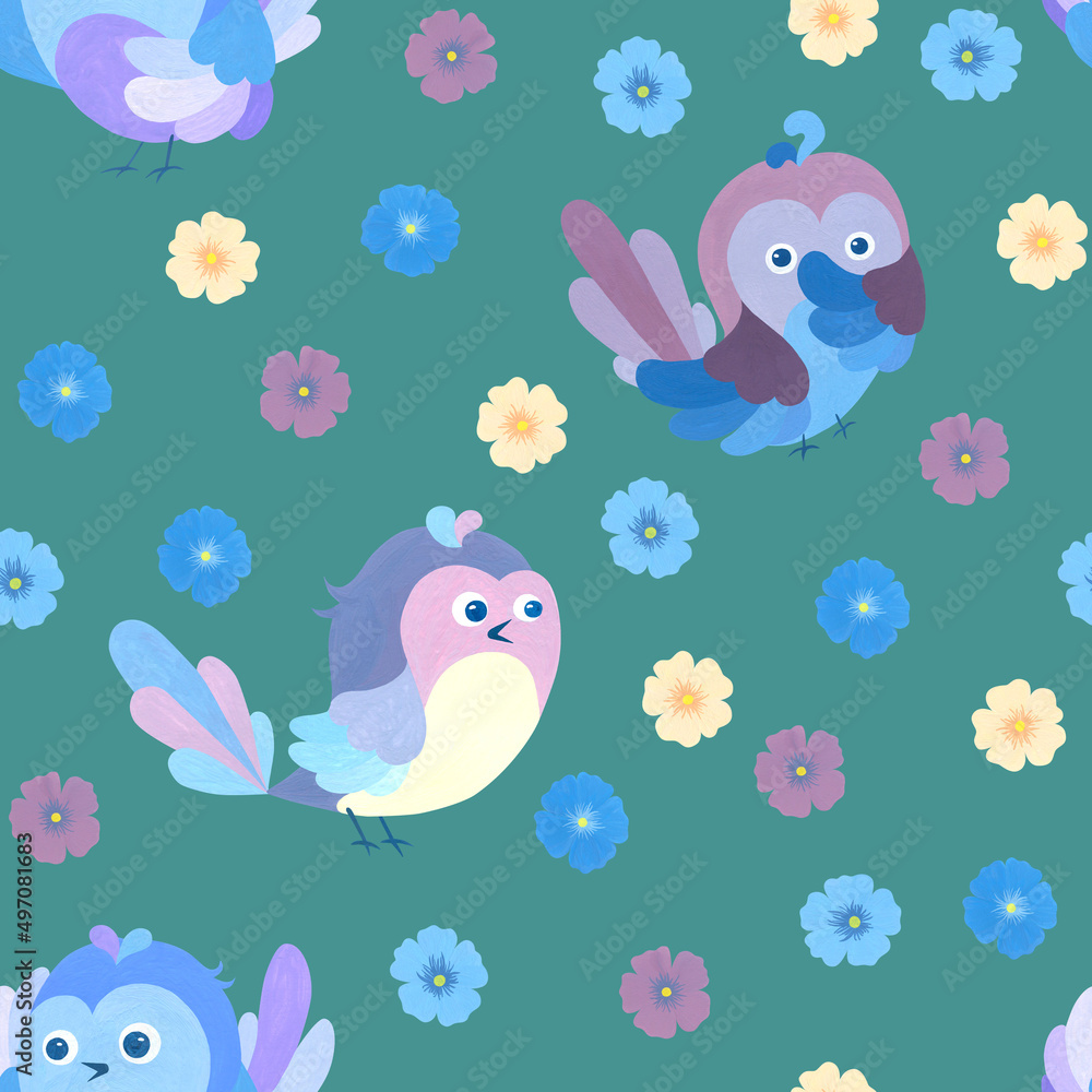 Obraz premium Bluebirds in naive style. Children's floral pattern. Folkloric seamless pattern. I