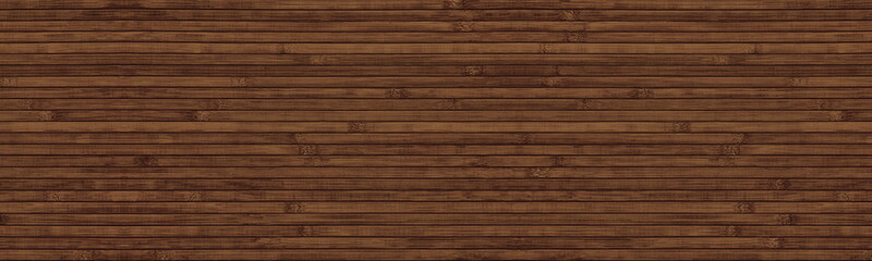 Dark brown wooden surface wide panoramic texture. Natural bamboo wallpaper. Wood slat wall large background