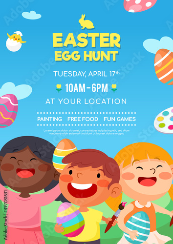 Easter egg hunt invitation poster vector design. Kids painting Easter eggs activity