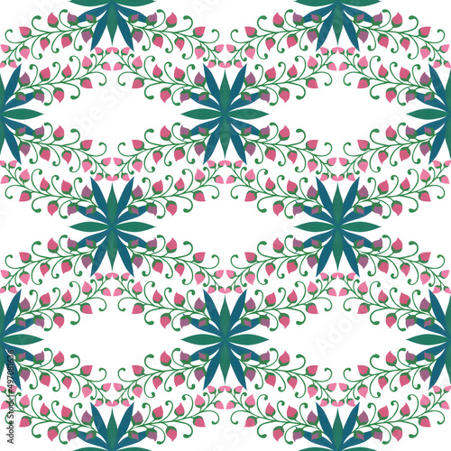 Geometric ornament of abstract flowers. Plant branches in folklore style. Watercolor seamless pattern.