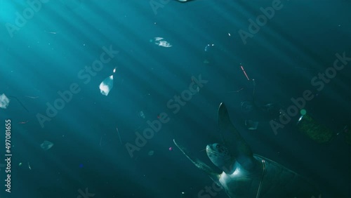 Sea Turtle Swimming under Polluted Water with Plastic Garbage. 3D Animation of Wildlife Animal Turtle in Ocean near Waste Plastic Bottle Bag. Environmental Issue. Human Impact Marine Pollution Ecology
