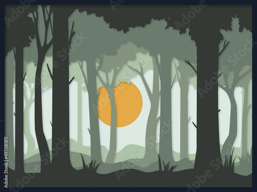 Forest layered paper cut out. 3D Forest shadow box. Vector paper cut. 