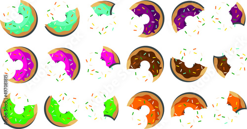 six flavour donut on white background. eaten piece by piece vector illustration.