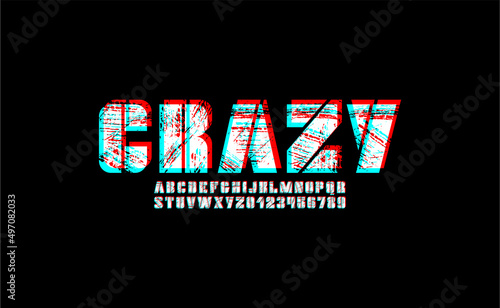 Grunge font, large alphabet with a letterpress eroded rough texture, thick glitch letters and numbers