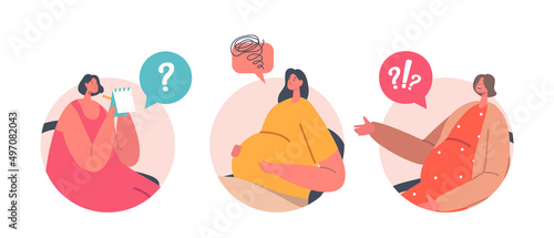 Pregnant Women Visit Support Courses Isolated Round Icons or Avatars. Psychology Assistance, Pregnancy and Maternity