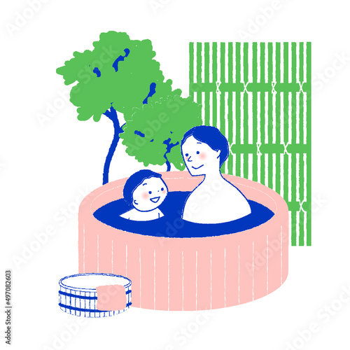 温泉に入浴する親子
