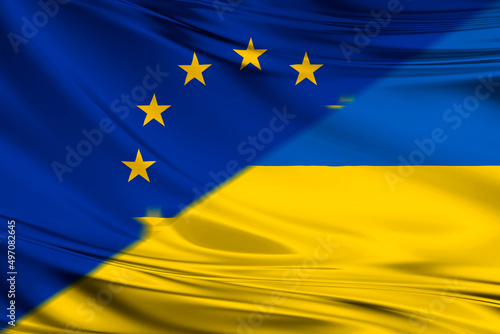 European Union (EU) and Ukraine (UA). The flag of the European Union and the flag of Ukraine.. The concept of aid, association of countries, political and economic relations.