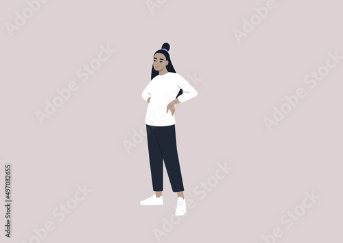 A young female Asian character standing with their hands on waist, casual millennial lifestyle