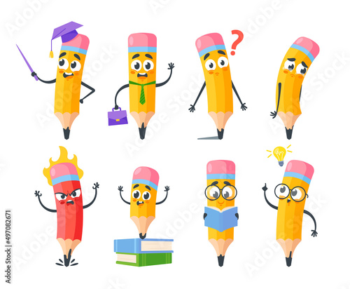 Set of Cartoon Pencils Characters, School Stationery Mascots with Education Items, Read Book, Wear Academic Cap