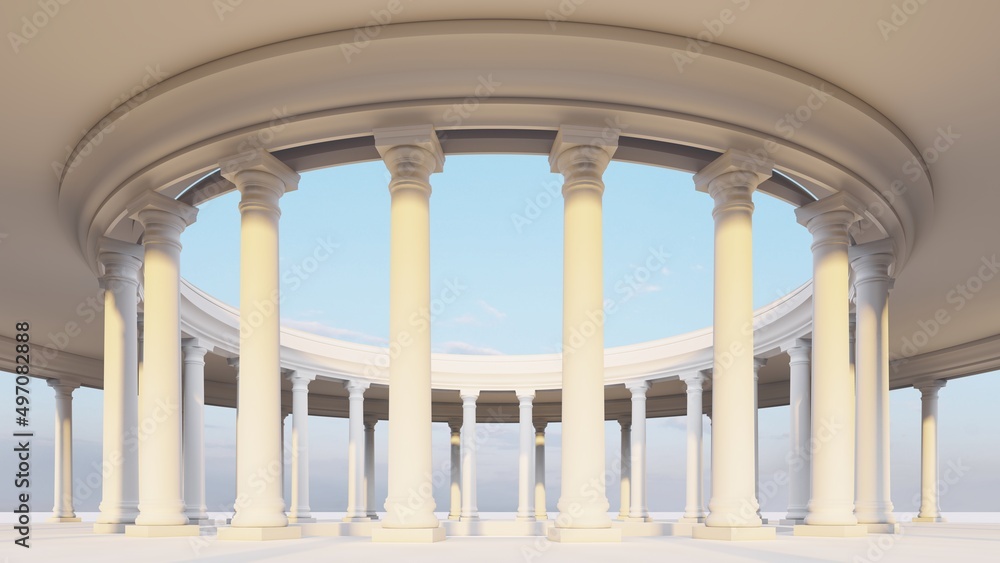 Classic semicircular interior with columns 3d render