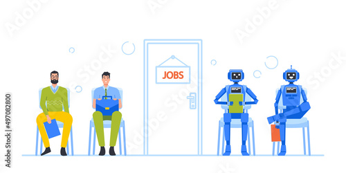 Cyborg VS People Concept. Robots and Human Characters Wait for Hiring Job Interview Sit in Line at Office Hall with Cv