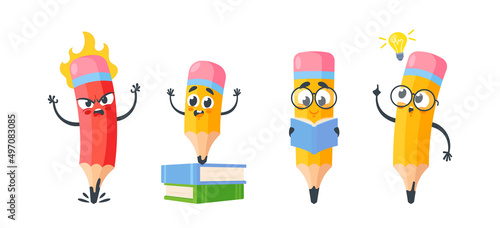 Set of Humanized Funny Pencils, Cartoon Character in Glasses Read Book, Angry and Happy Personages, Smart Pencil