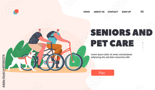Seniors and Pets Care Landing Page Template. Elderly Couple Characters Riding Bicycle With Dog at Park, Outdoor Activity