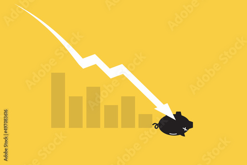 piggy bank upside down because Financial crisis, depletion of savings and bankruptcy. Devaluation, inflation. Impoverishment. Refinancing restructuring of debts