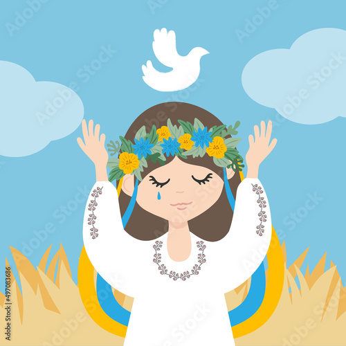 Ukrainian girl in national dress cry and let white dove symbol peace fly in the sky. Ukrainian landscape. Support Ukraine concept. Vector flat illustration isolated on white background.