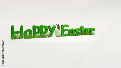 Green Happy Easter text, with an eggshell and chocolate bunny on white background .