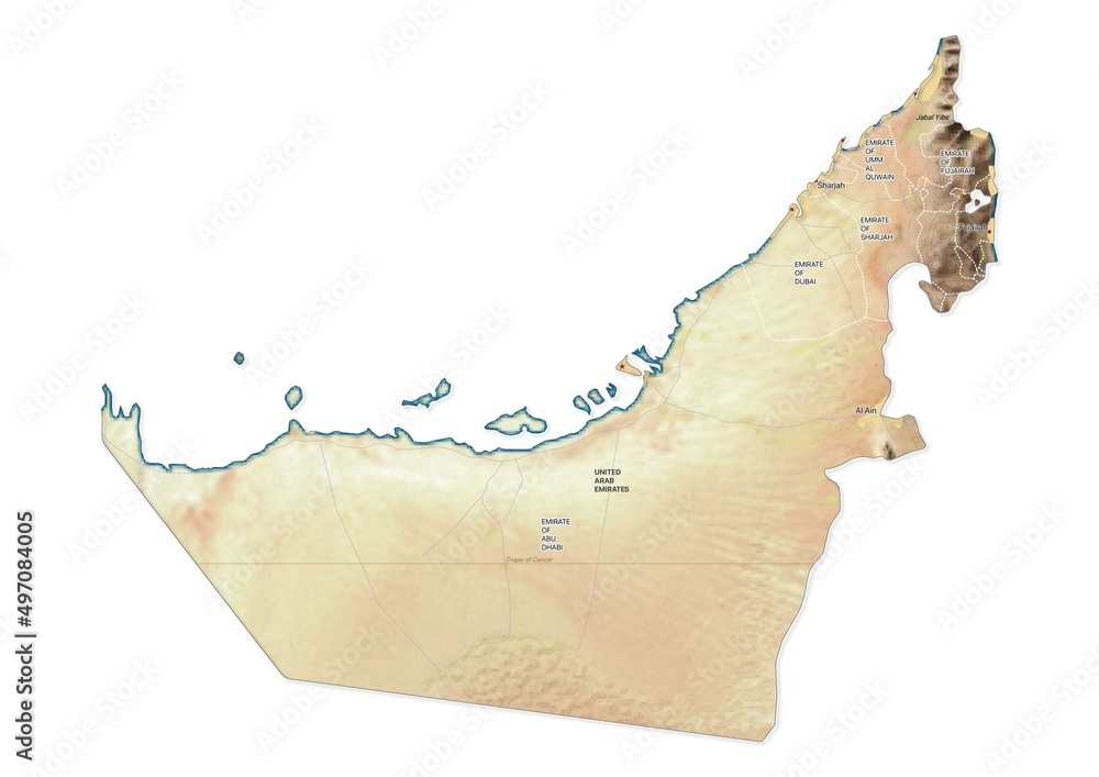 Isolated map of United Arab Emirates with capital, national borders