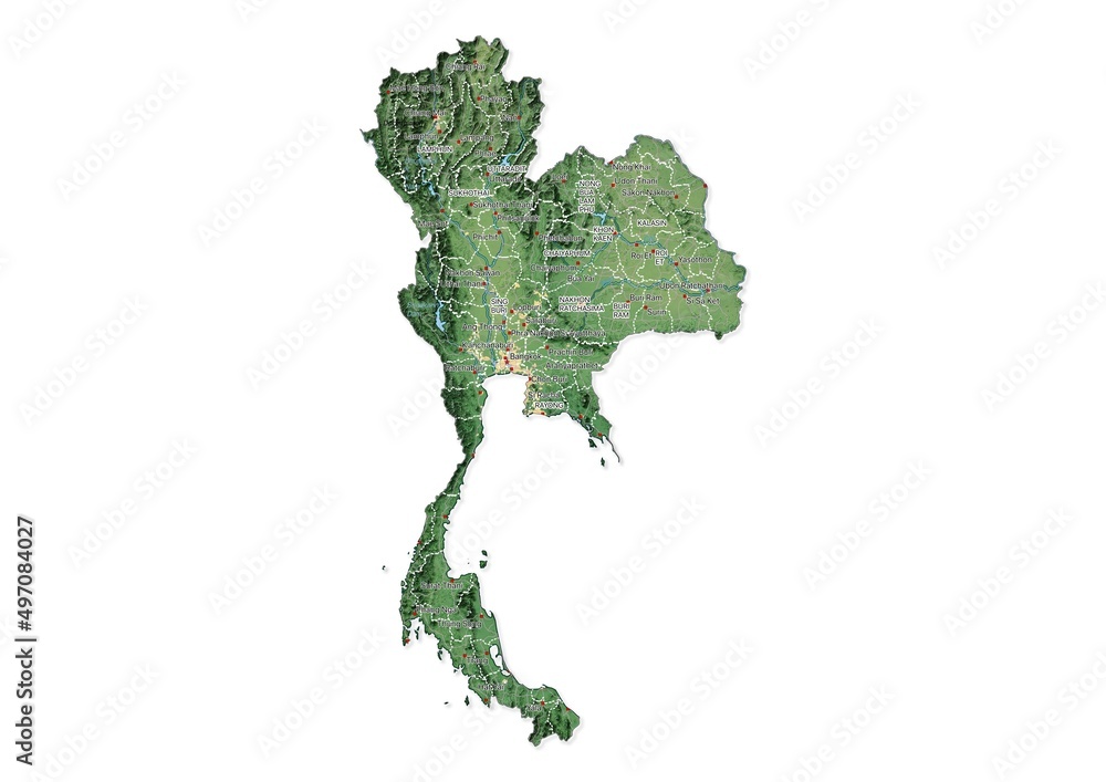Isolated map of Thailand with capital, national borders, important cities, rivers,lakes. Detailed map of Thailand suitable for large size prints and digital editing.