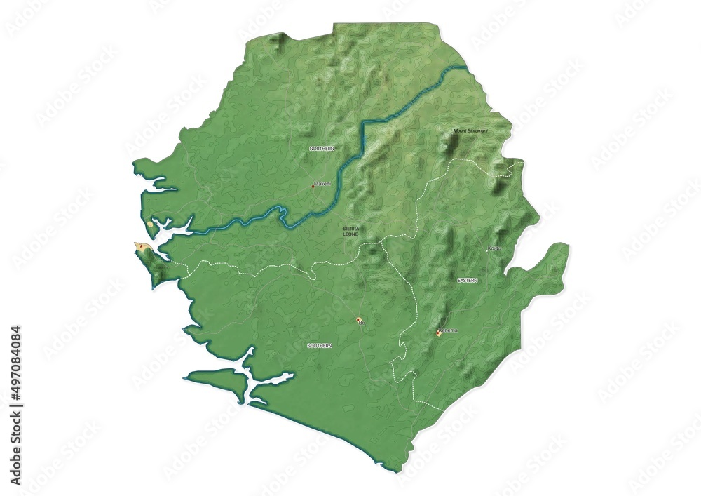 Isolated map of Sierra Leone with capital, national borders, important ...